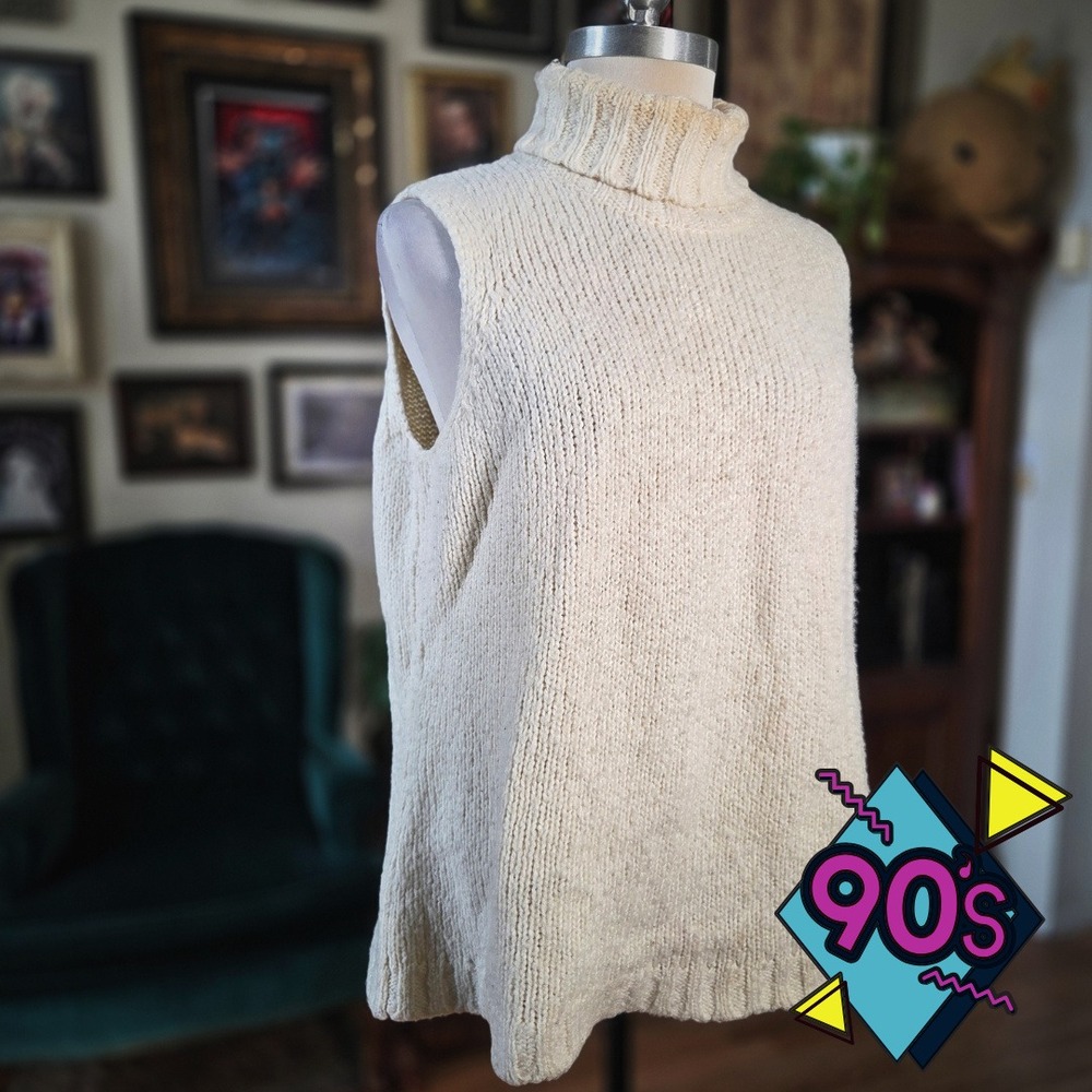 Jones New York Sweater Turtleneck Vintage 90s Vest Cream Chunky Knit Wool 1X‎